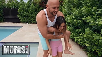 Violet Gems Gets A Taste Of JMac's Guy man-meat By The Pool Before They Go Inside For A Raunchy Pummel Session - Mofos